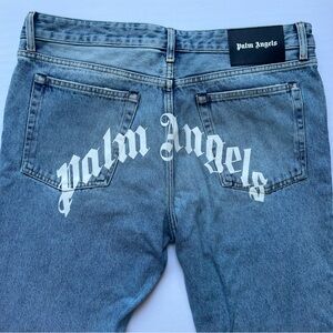 PALM ANGELS Back Logo Jeans 5 Pockets Light Blue Size 36 Streetwear Edgy Skater